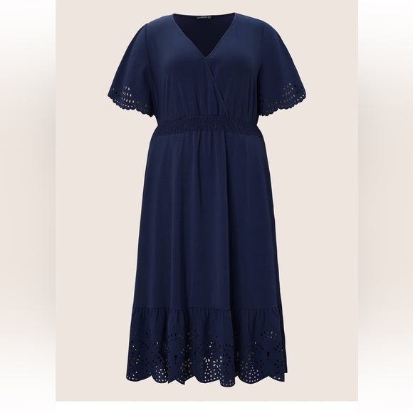 BloomChic Solid Laser Cut Shirred Pocket Wrap Scalloped Trim Flutter Dress - Picture 5 of 7